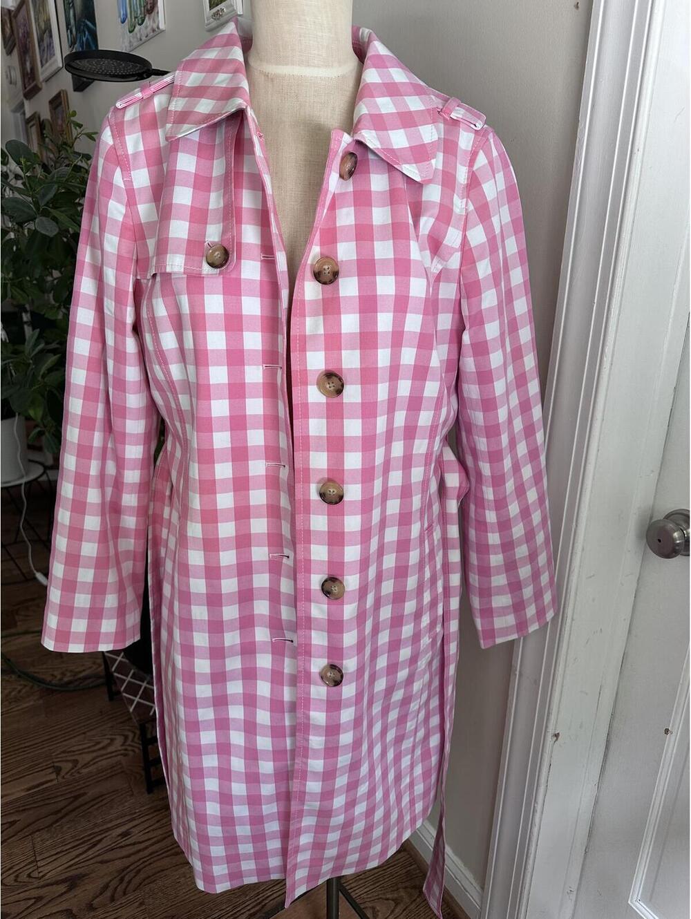 Talbots Belted Gingham Trench Coat in a Vibrant Pink and White Check Pattern - Picture 5 of 9